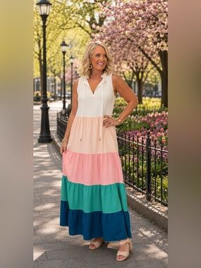 entro Sleeveless Tiered Colorblock Maxi Dress Size Medium NWOT